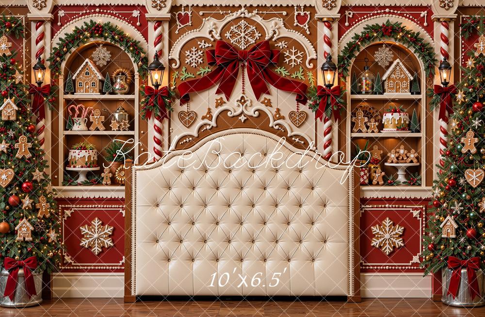 Kate Christmas Gingerbread Headboard Trees Shelves Bow Printed Backdrop Designed by Shutter Swan Studios