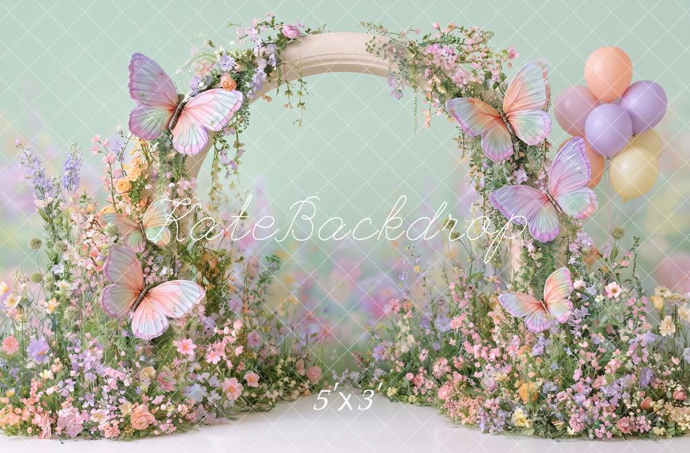 Kate Spring Cake Smash Flower Arch Butterflies Mint Green Balloons Printed Backdrop Designed by Angela Miller