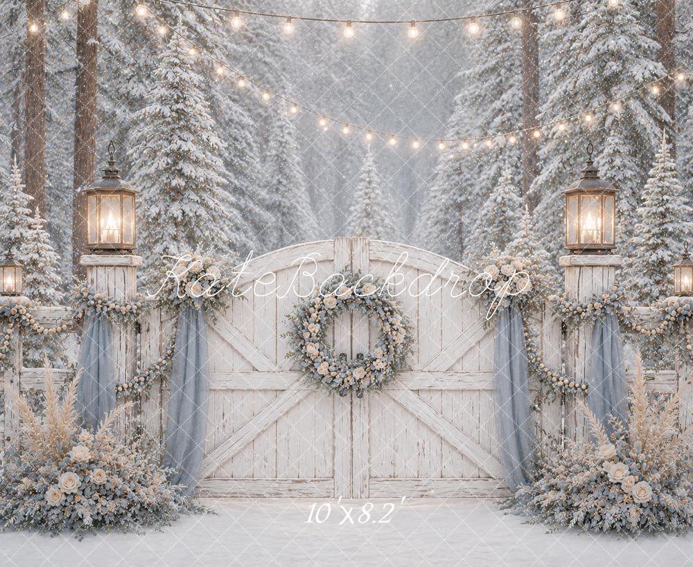 Kate Winter Snowy Forest Barn Gate Lanterns Printed Backdrop Designed by Ashley Paul