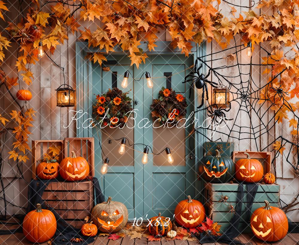 Kate Halloween Pumpkin Maple Blue Wood Door Photography Backdrop Designed by Emetselch