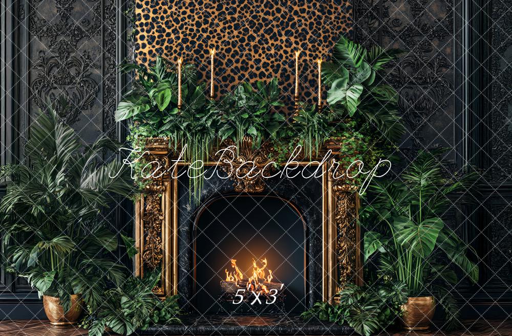Kate Boudoir Leopard Print Ornate Fireplace Jungle Greenery Printed Backdrop Designed by Ashley Paul