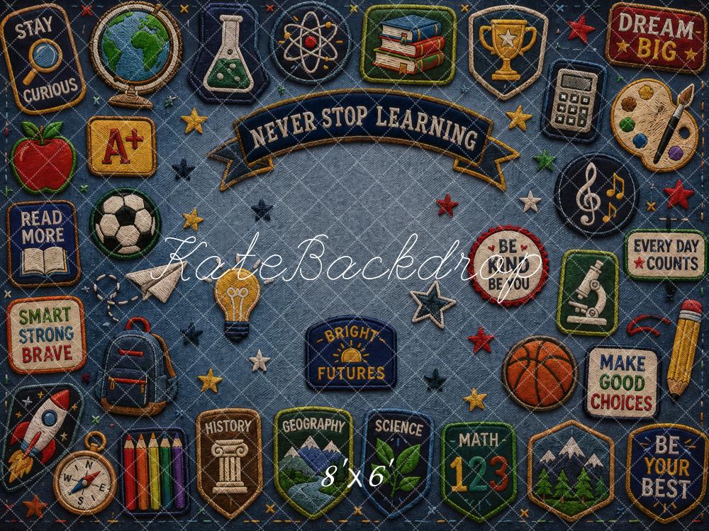 Kate Back to School Denim Badges and Motivational Icons Printed Backdrop Designed by Vertigo Productions