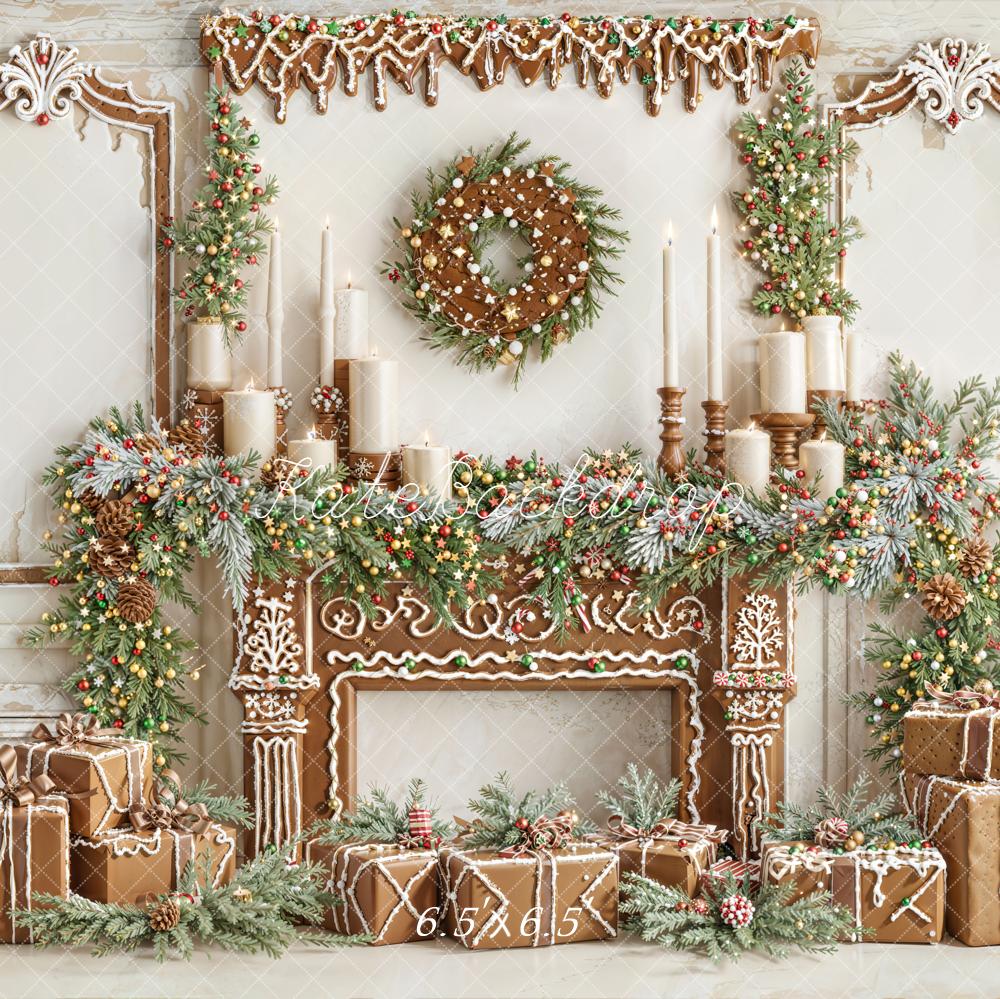 Kate Christmas Gingerbread Fireplace Garland Gifts Wreath Backdrop Designed by Emetselch