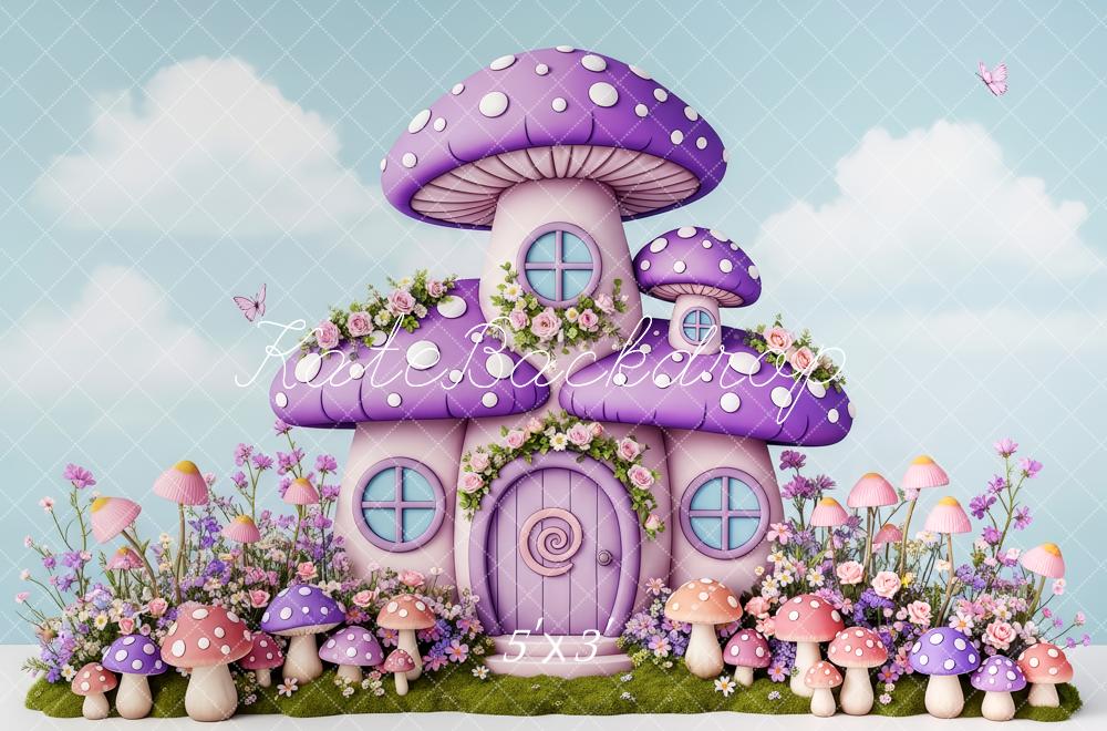 Kate Fairy Fantasy Purple Mushroom House Flowers Printed Backdrop Designed by Patty Roberts