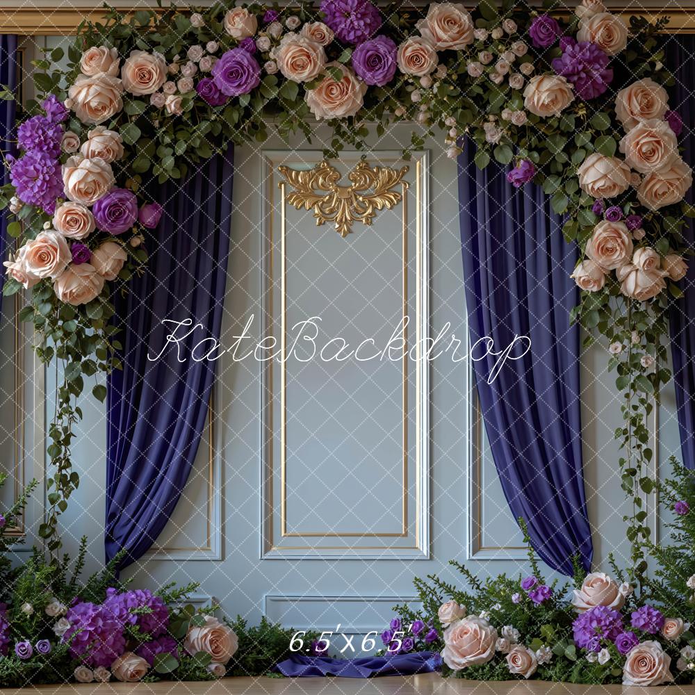 Kate Flower Arch Blue Wall Purple Curtains Backdrop Designed by Mini MakeBelieve