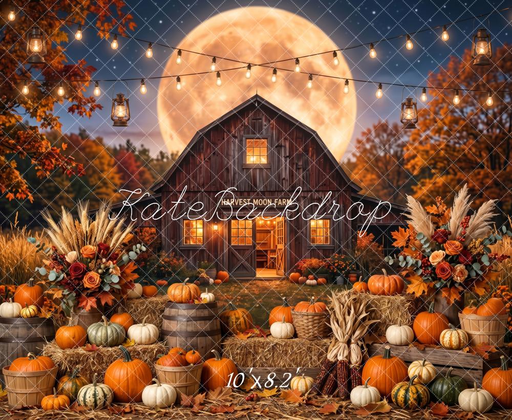 Kate Fall Harvest Barn Pumpkins Full Moon String Lights Printed Backdrop Designed by Patty Roberts