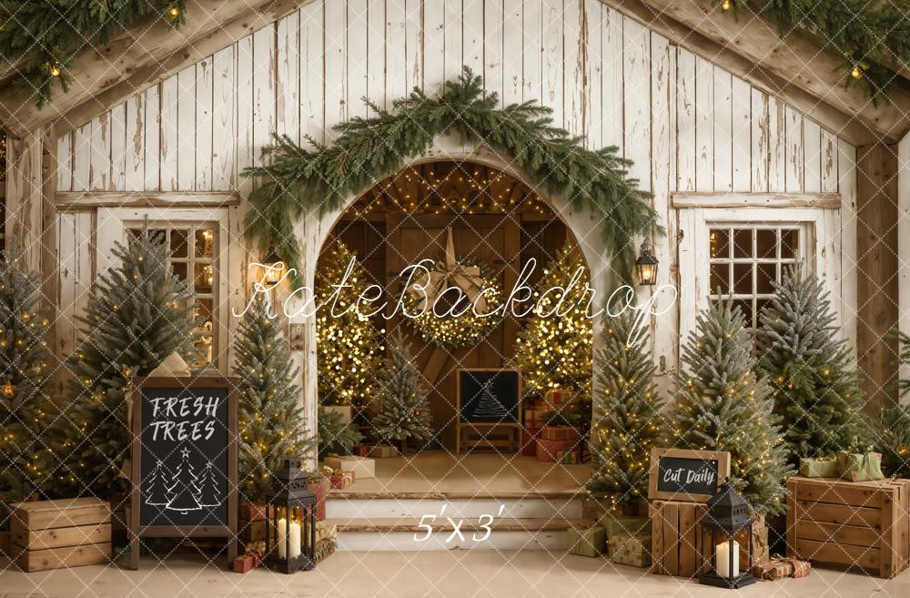 Kate Christmas Rustic Wood Barn Porch Pine Trees Lights Backdrop Designed by Emetselch