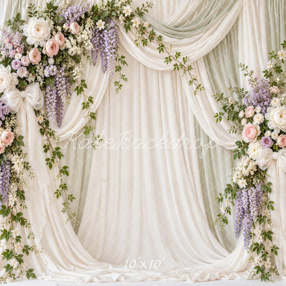 Kate Spring Floral Elegant White Drapes Bow Printed Backdrop Designed by Emetselch
