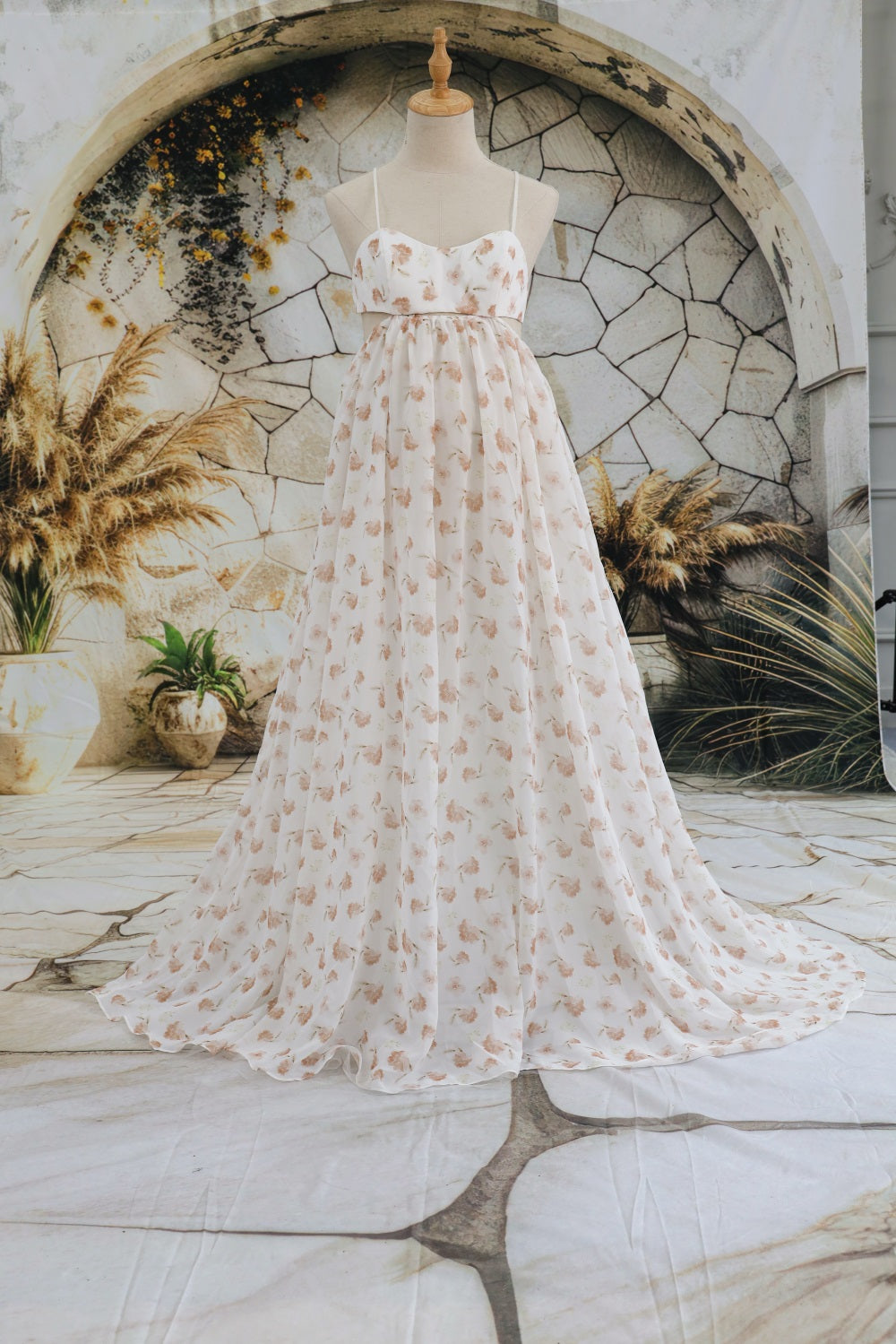 Kate Chiffon Floral Print Suspender Custom Maternity Photoshoot Gowns, XXXL / White Kate Chiffon Floral Print Suspender Custom Maternity Photoshoot Gowns, XXXL / White
