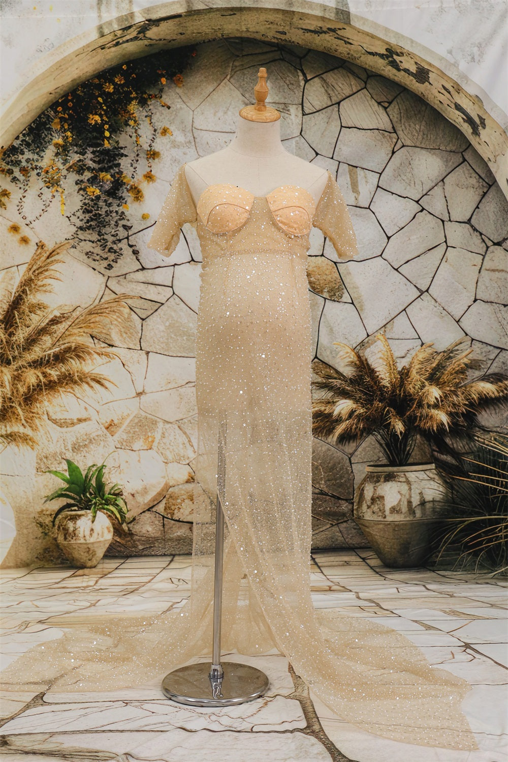 Bead Borduursel Mesh Split Einden Trailing Zwangerschap Photoshoot Jurk