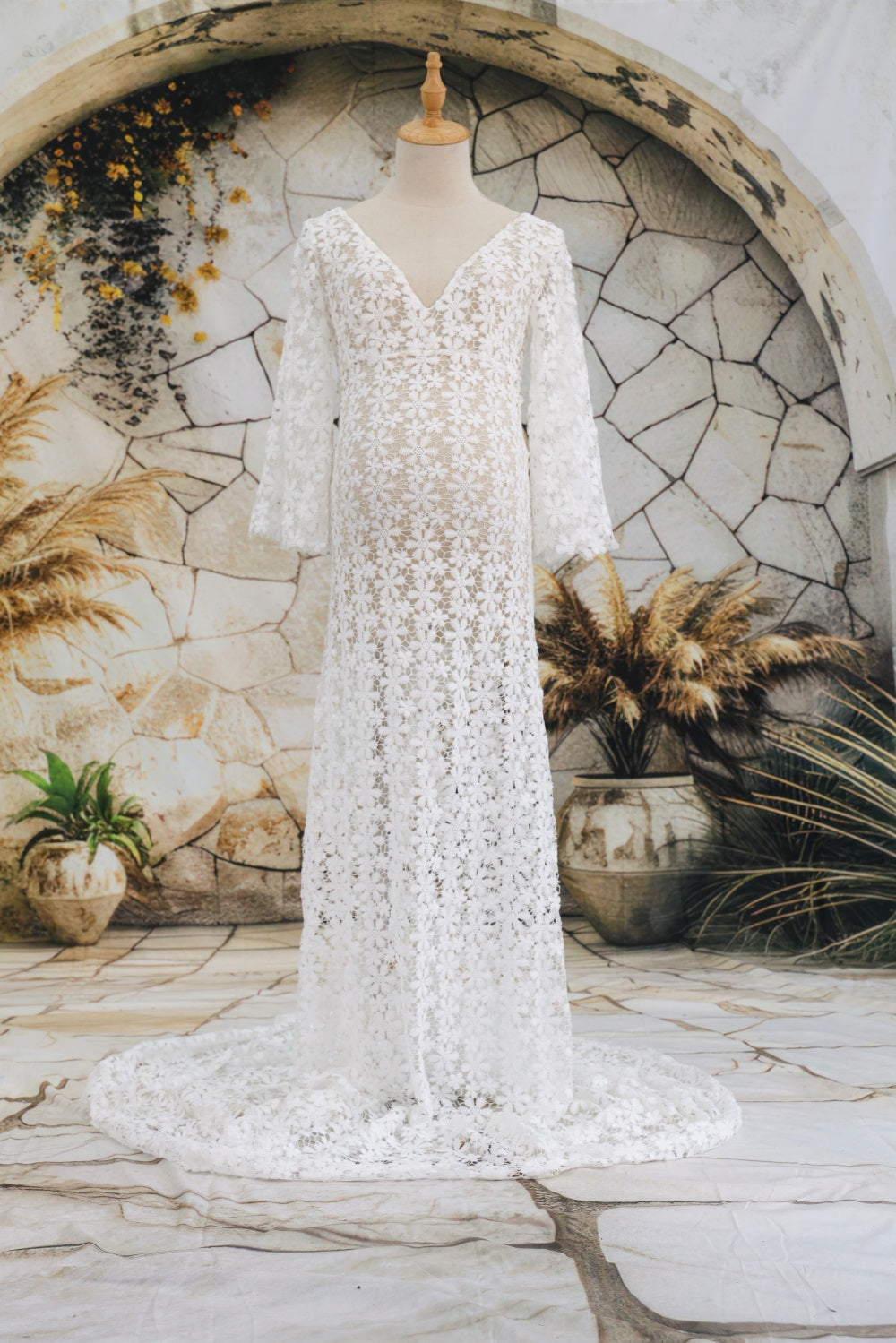Kate White Lace Mid Sleeve Trailing Perspective Custom Maternity Photoshoot Gowns