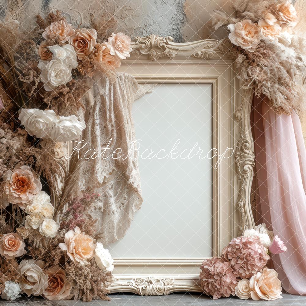 Kate Boho Floral Frame Vintage Beige Backdrop Designed by Mini MakeBelieve