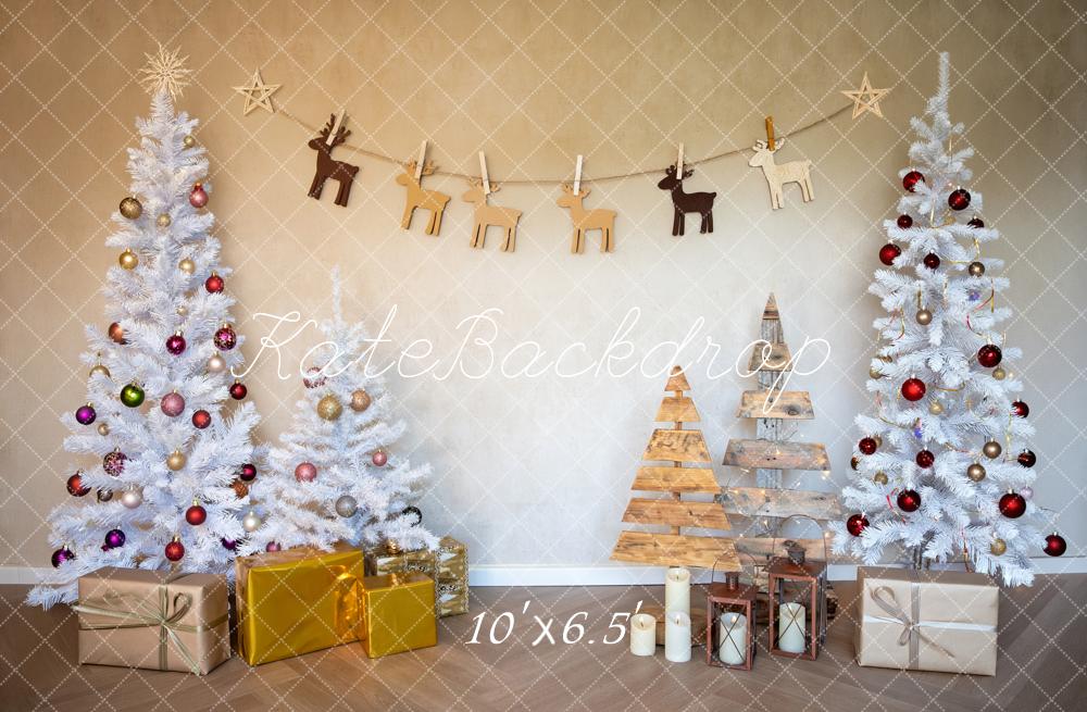 Kate Christmas White Trees Wood Reindeer Garland Gold Presents Printed Backdrop Designed by Fantasyphotoart