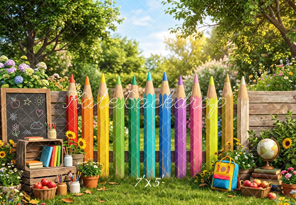 Kate Back To School Colorful Pencil Fence Garden Printed Backdrop Designed by Patty Roberts