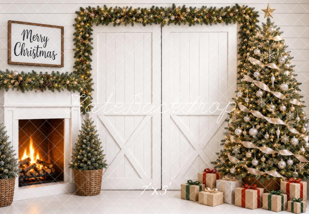 Kate Christmas White Barn Doors Fireplace Tree Gifts Printed Backdrop Designed by Shutter Swan Studios