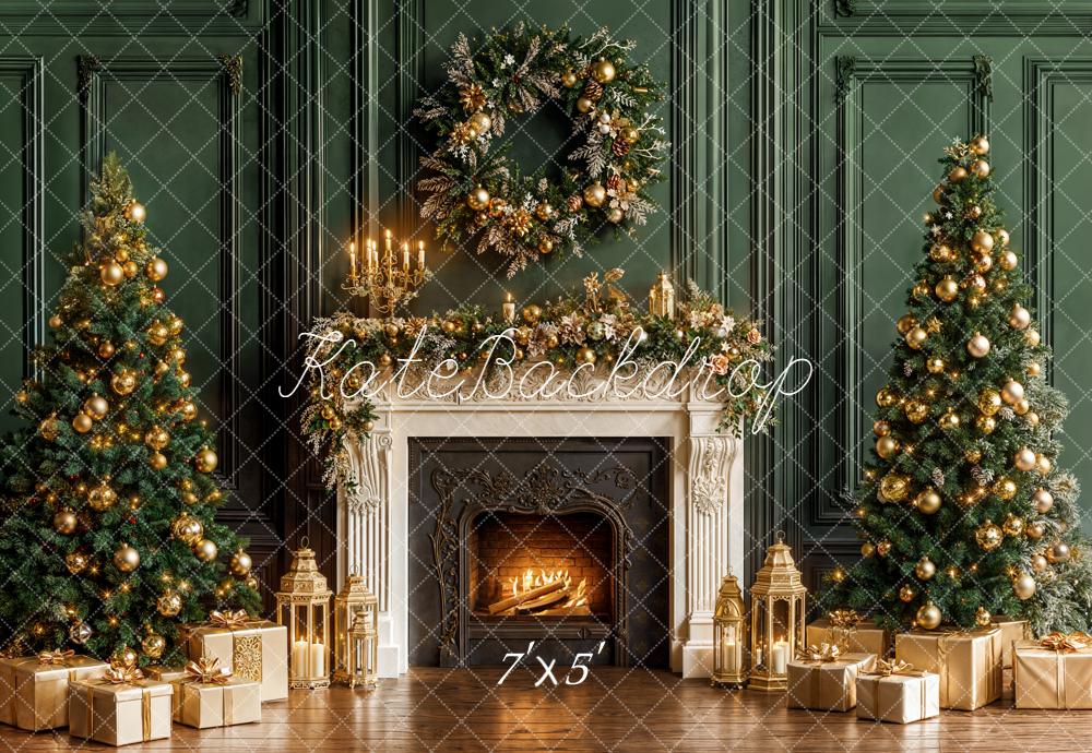 Kate Christmas Trees Fireplace Green Wall Gold Gifts Backdrop Designed by Emetselch