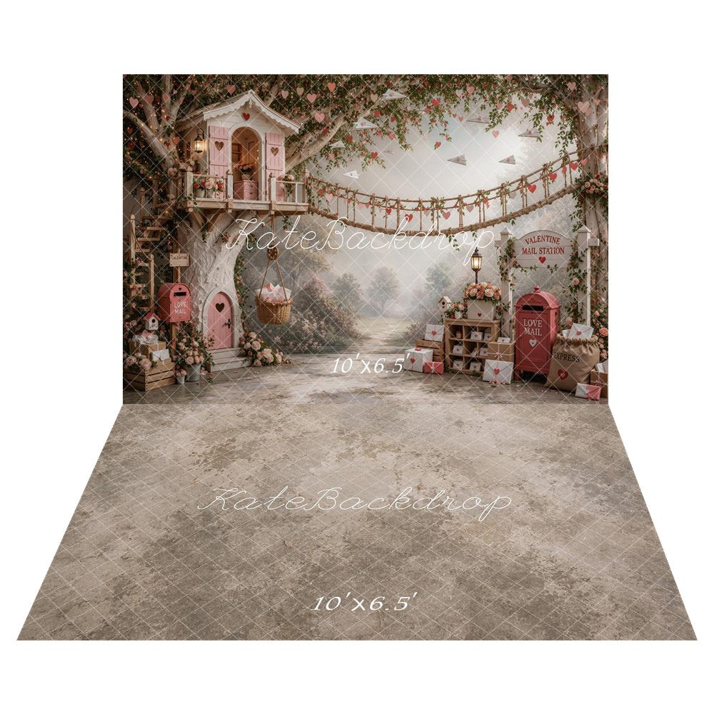 Kate Valentine's Day Love Mail Treehouse Bridge Printed Backdrop+Gray Beige Texture Floor Printed Backdrop
