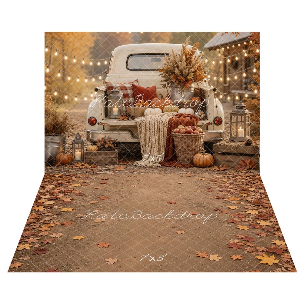 Kate Fall Vintage Truck Pumpkins Flowers String Lights Printed Backdrop+Fall Maple Leaves Path Floor Printed Backdrop
