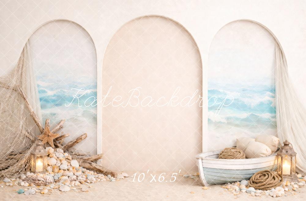 Kate Beach Archway Boat Seashells Fishing Net Printed Backdrop Designed by Vertigo Productions