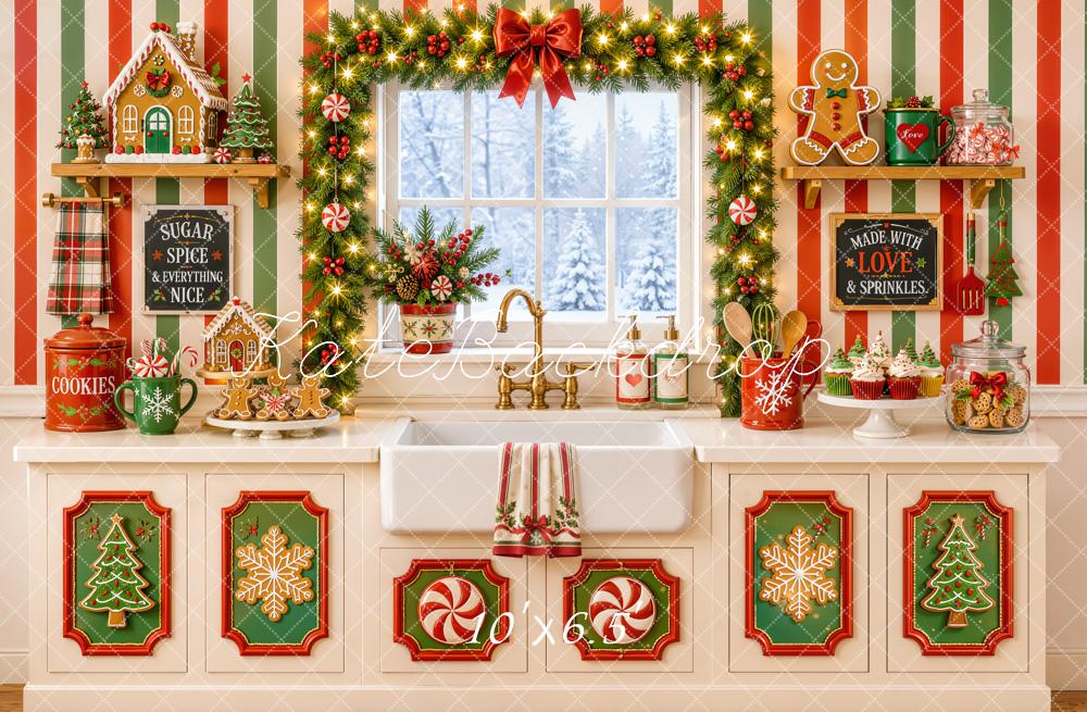 Kate Christmas Kitchen Gingerbread Cookies Garland Striped Wall Printed Backdrop Designed by Emetselch
