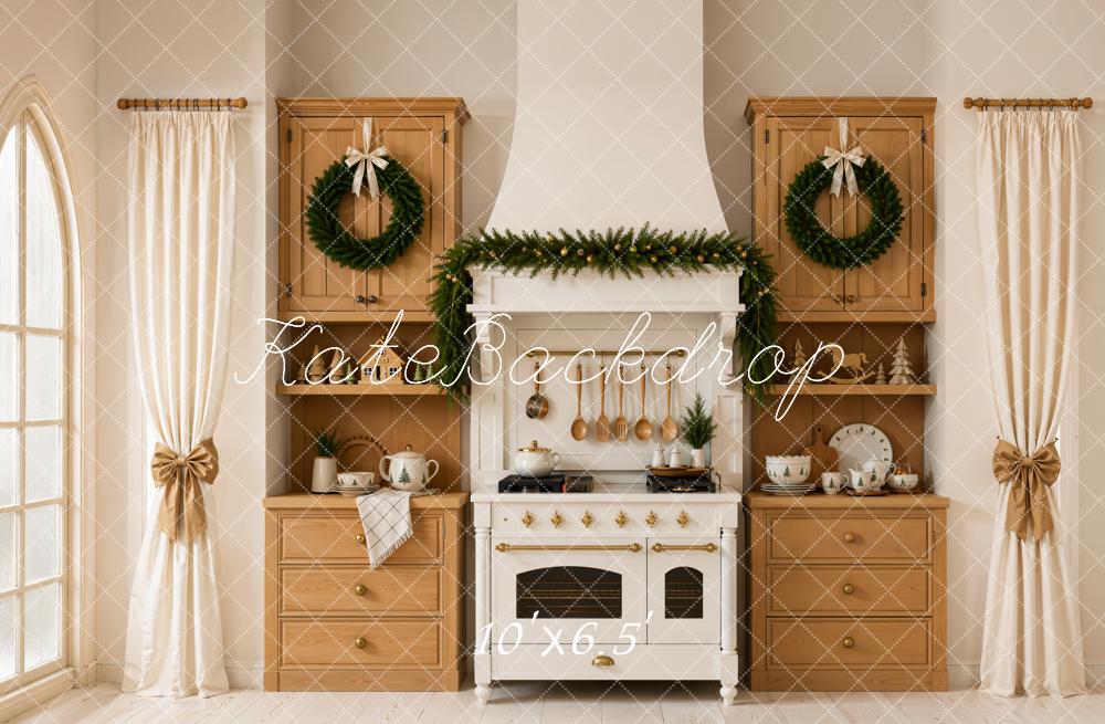 Kate Christmas Kitchen Garland Wreath Wood Cabinets Curtains Printed Backdrop Designed by Emetselch