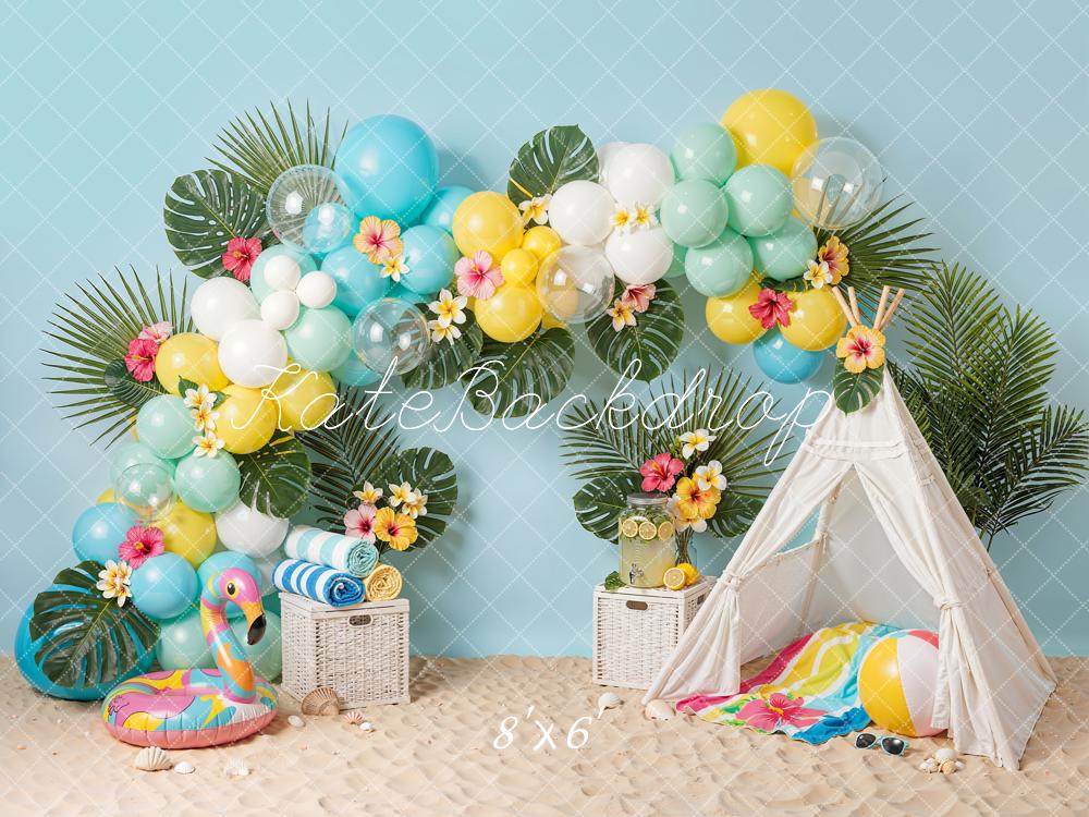 Kate Cake Smash Balloon Arch Flamingo Tent Beach Scene Backdrop Designed by Emetselch