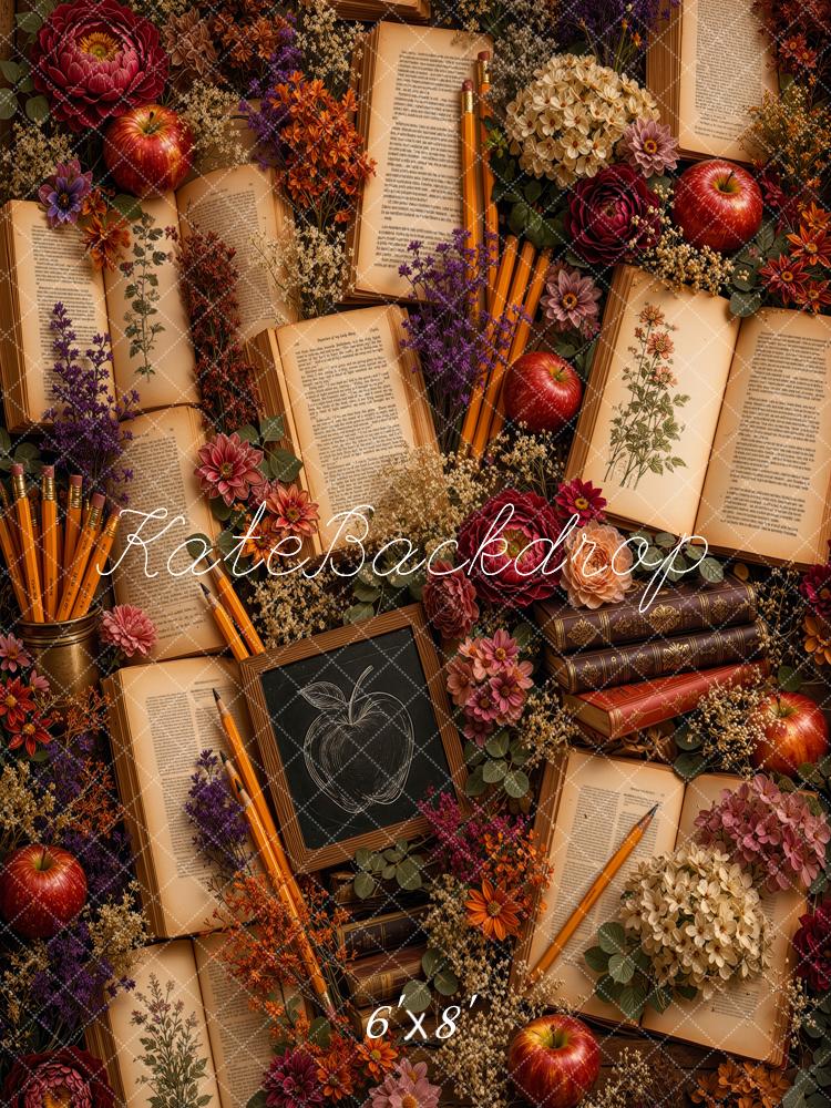 Kate Back to School Botanical Books Apples Flowers Chalkboard Printed Backdrop Designed by Ashley Ward