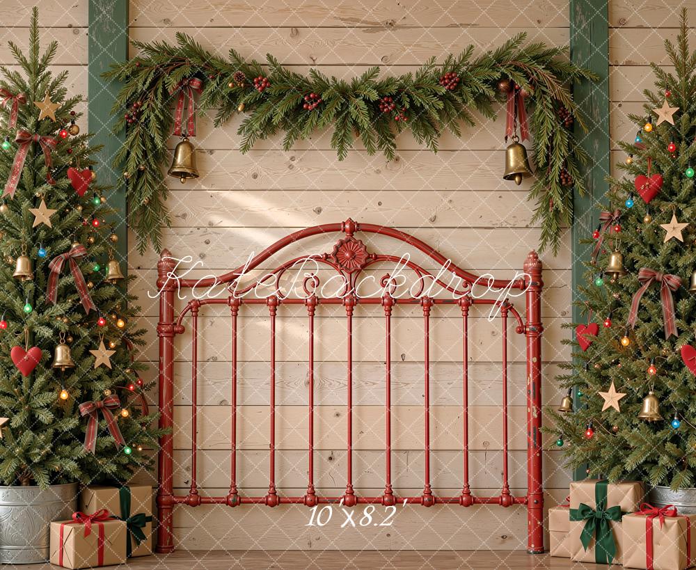Kate Christmas Trees Red Iron Headboard Garland Printed Backdrop Designed by Shutter Swan Studios