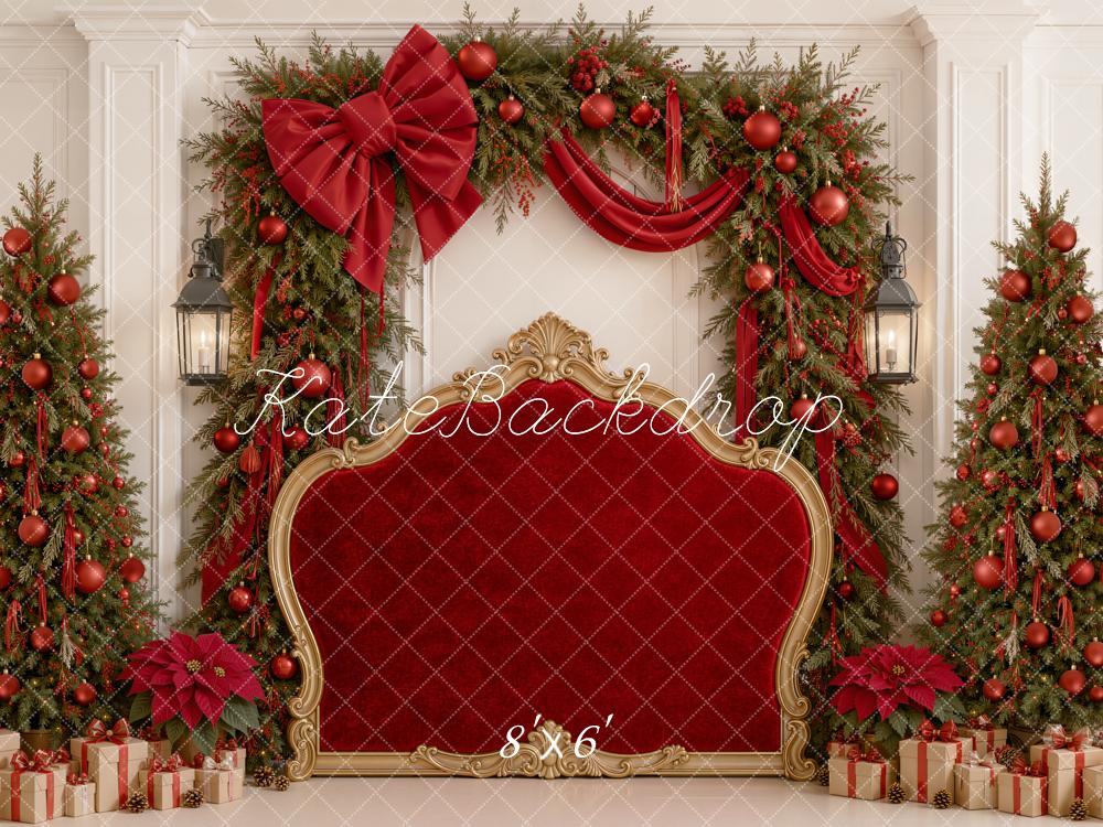 Kate Christmas Headboard Red Velvet Bow Garland Trees Printed Backdrop Designed by Emetselch