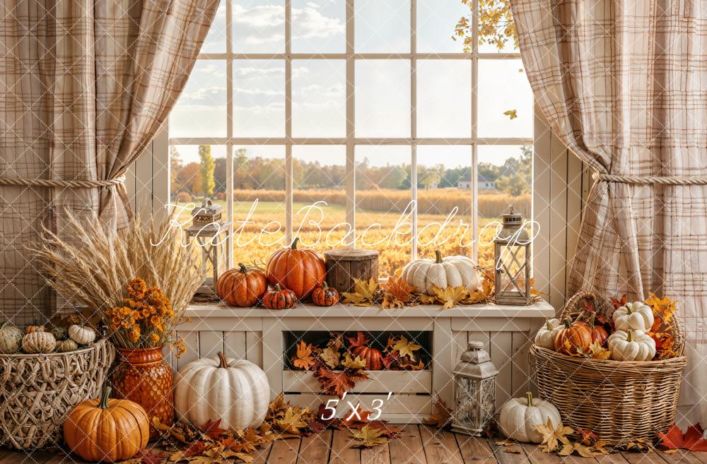 Kate Fall Pumpkin Window Rustic Plaid Curtain Field Printed Backdrop Designed by Emetselch