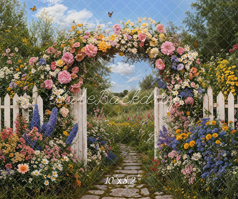 Kate Spring Flower Arch White Picket Fence Garden Pathway Printed Backdrop Designed by Emetselch