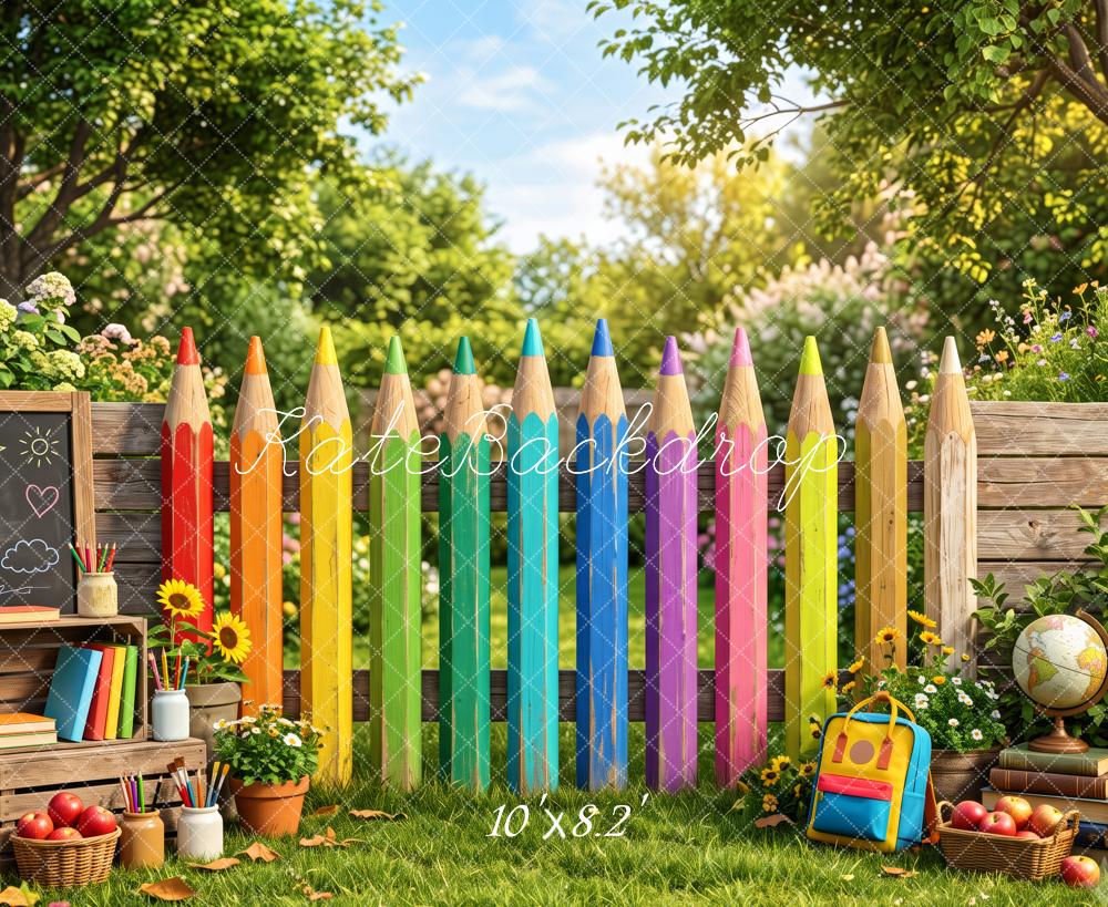 Kate Back To School Colorful Pencil Fence Garden Printed Backdrop Designed by Patty Roberts