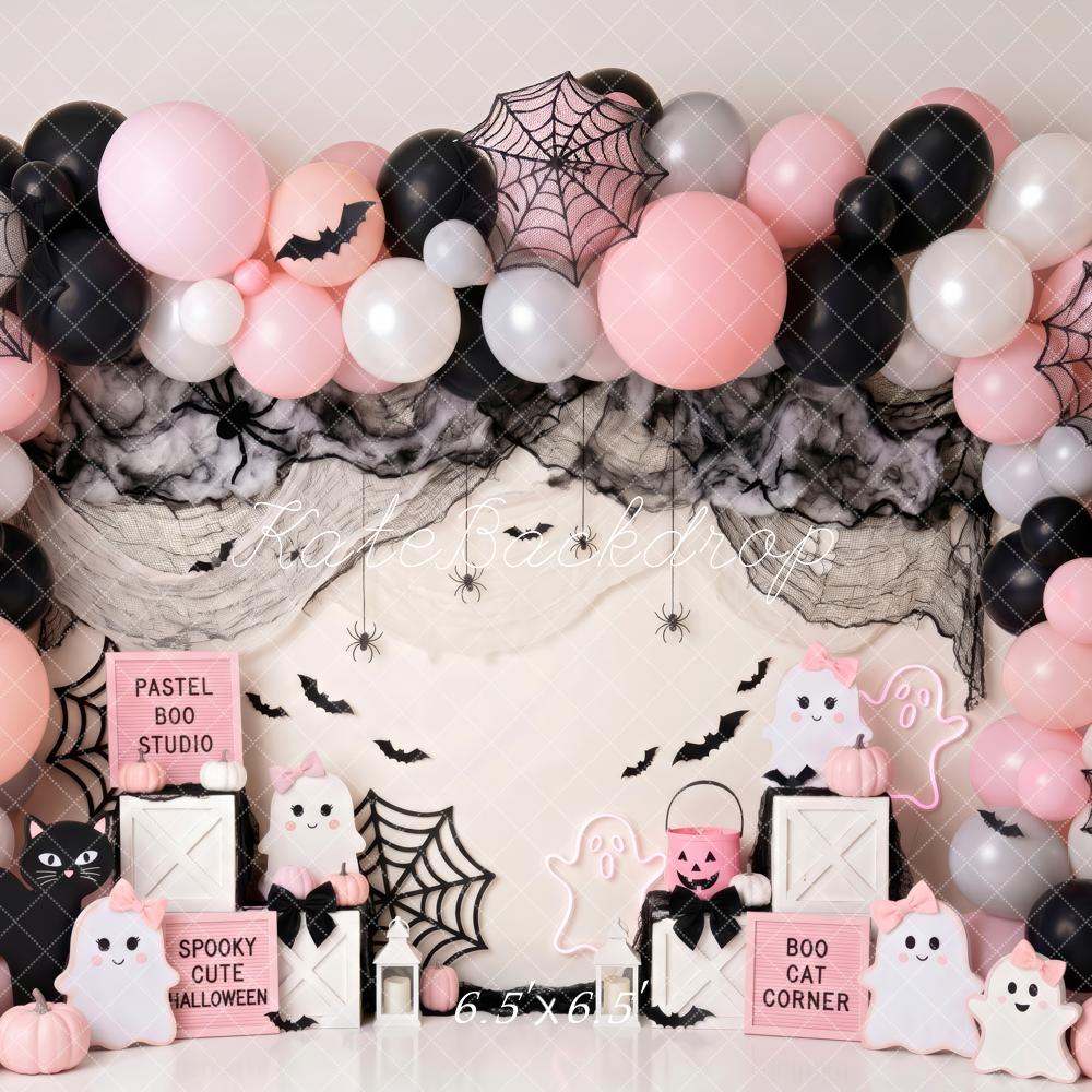 Kate Halloween Cake Smash Pink Balloon Arch Spider Web Bats Printed Backdrop Designed by Patty Roberts