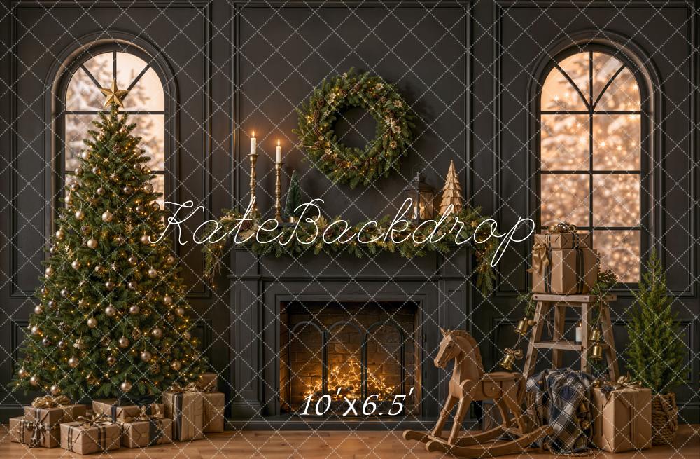 Kate Christmas Fireplace Tree Rocking Horse Wreath Gifts Black Printed Backdrop Designed by Emetselch