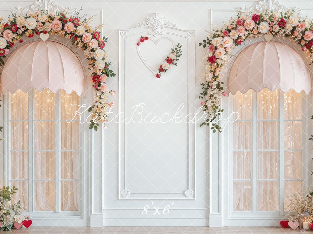 Kate Valentine's Day Pink Awning Windows Rose Arch Printed Backdrop Designed by Mini MakeBelieve