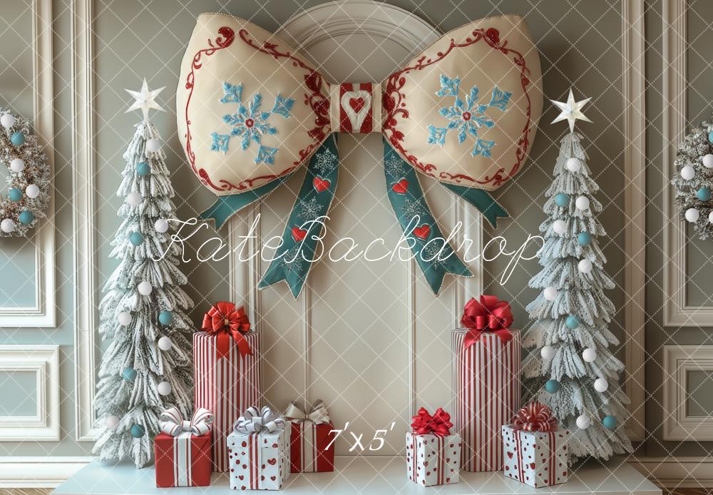 Fondo de Regalos de Árboles Nevados con Gran Lazo de Navidad Diseñado por Mini MakeBelieve