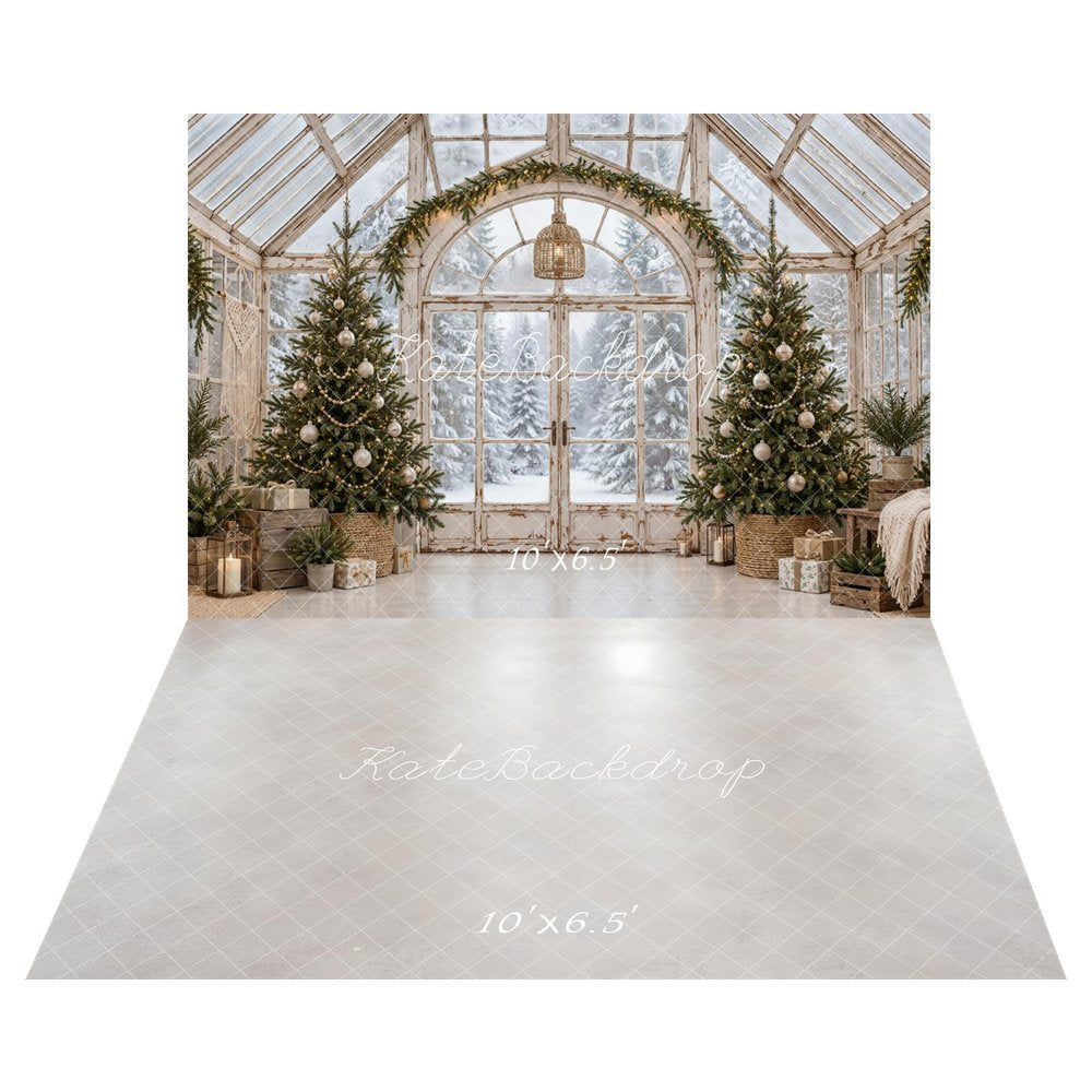 Kate Christmas Greenhouse Twin Trees Snowy Forest Printed Backdrop+Light Gray Glossy Floor Printed Backdrop
