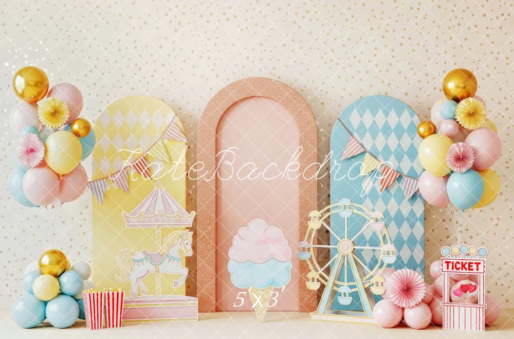 Kate Cake Smash Carnival Carousel Ferris Wheel Balloons Arches Backdrop Designed by Patty Roberts