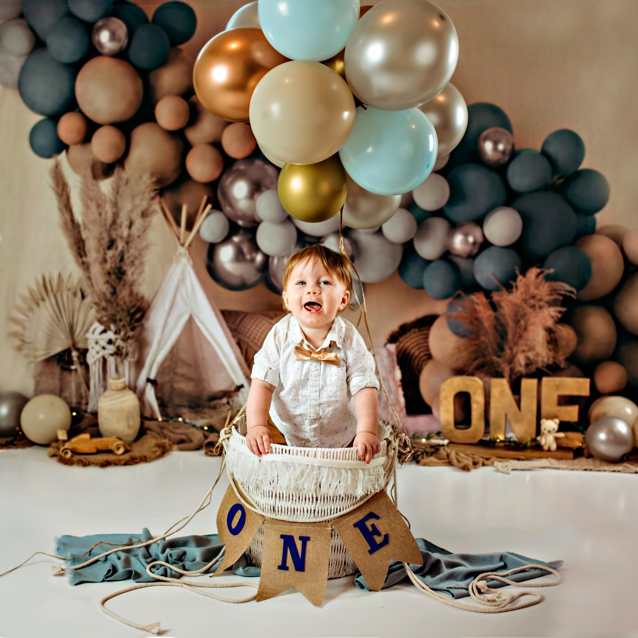Boho Ballonnen Tent Fleece Foto Achtergrond Mat Blauw Ontworpen door Mandy Ringe Fotografie