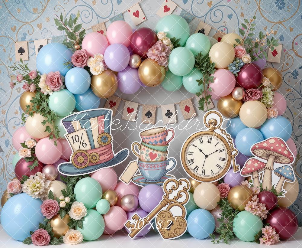 Kate Cake Smash Fantasy Wonderland Tea Party Balloons Flowers Playing Cards Printed Backdrop Designed by Mini MakeBelieve
