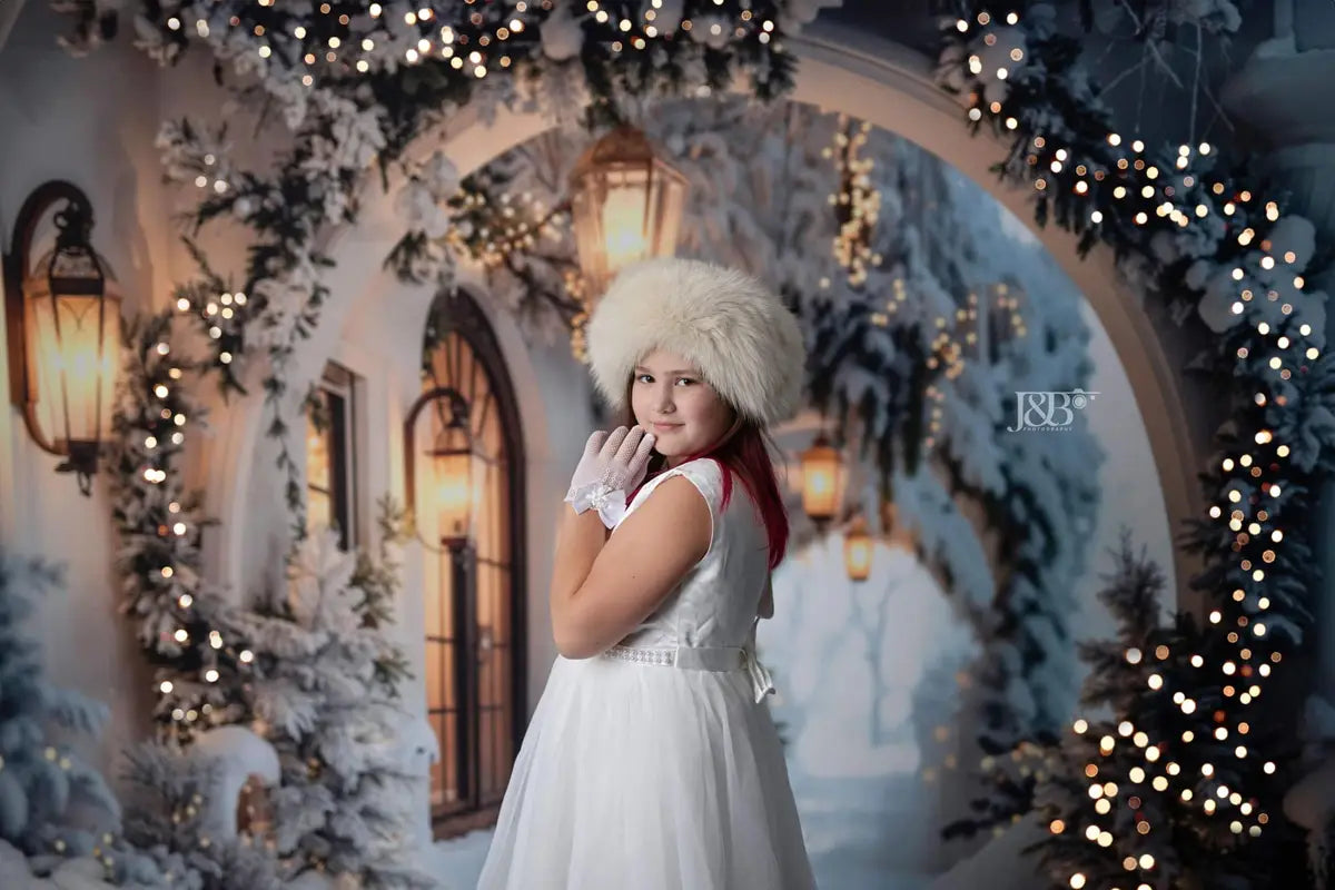 Kate Winter Christmas White Flower Arch Snowy Hallway Backdrop Designed by Emetselch