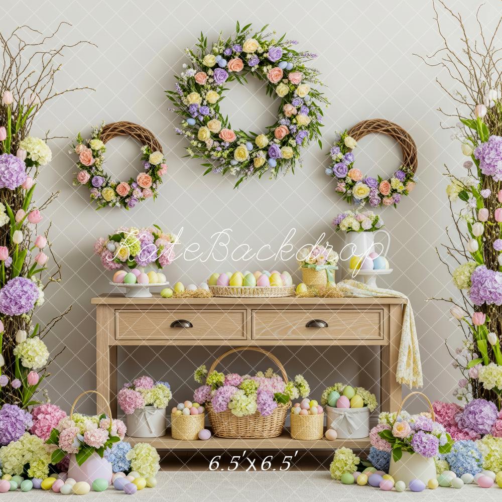 Kate Easter Flower Arch Wreath Pastel Eggs Table Printed Backdrop Designed by Patty Roberts