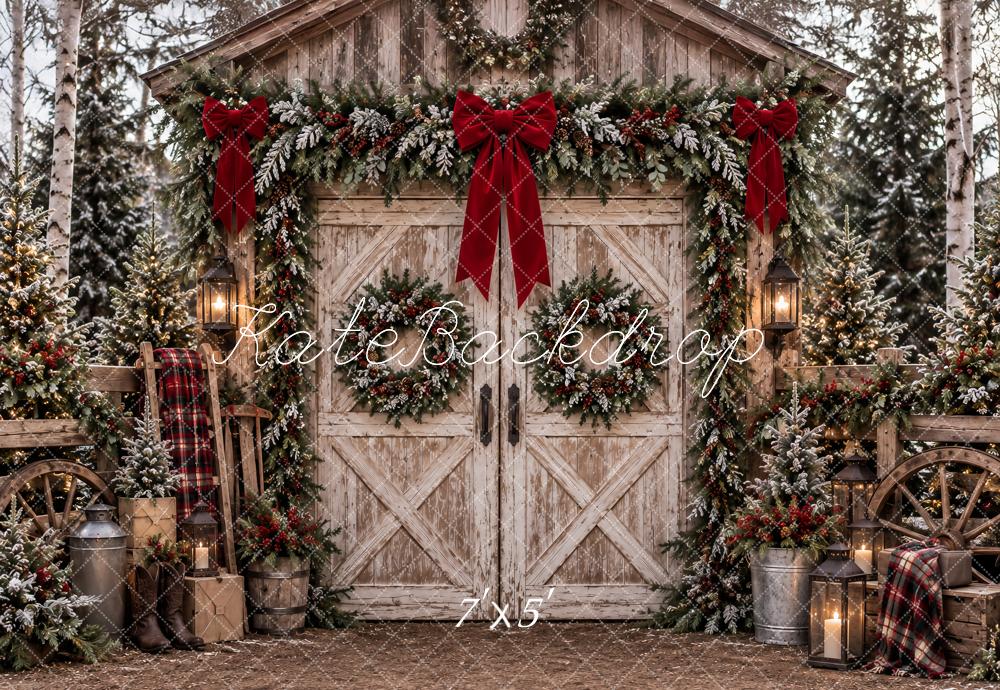 Kate Christmas Rustic Barn Door Snowy Garland Red Bows Printed Backdrop Designed by Ashley Paul