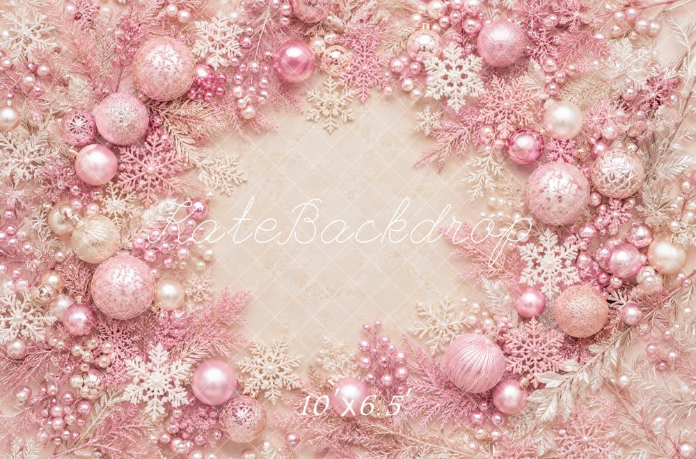 Kate Christmas Pink Ornaments Snowflakes Wreath Printed Backdrop Designed by Megan Leigh Photography
