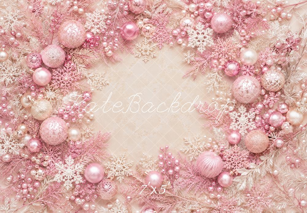 Kate Christmas Pink Ornaments Snowflakes Wreath Printed Backdrop Designed by Megan Leigh Photography