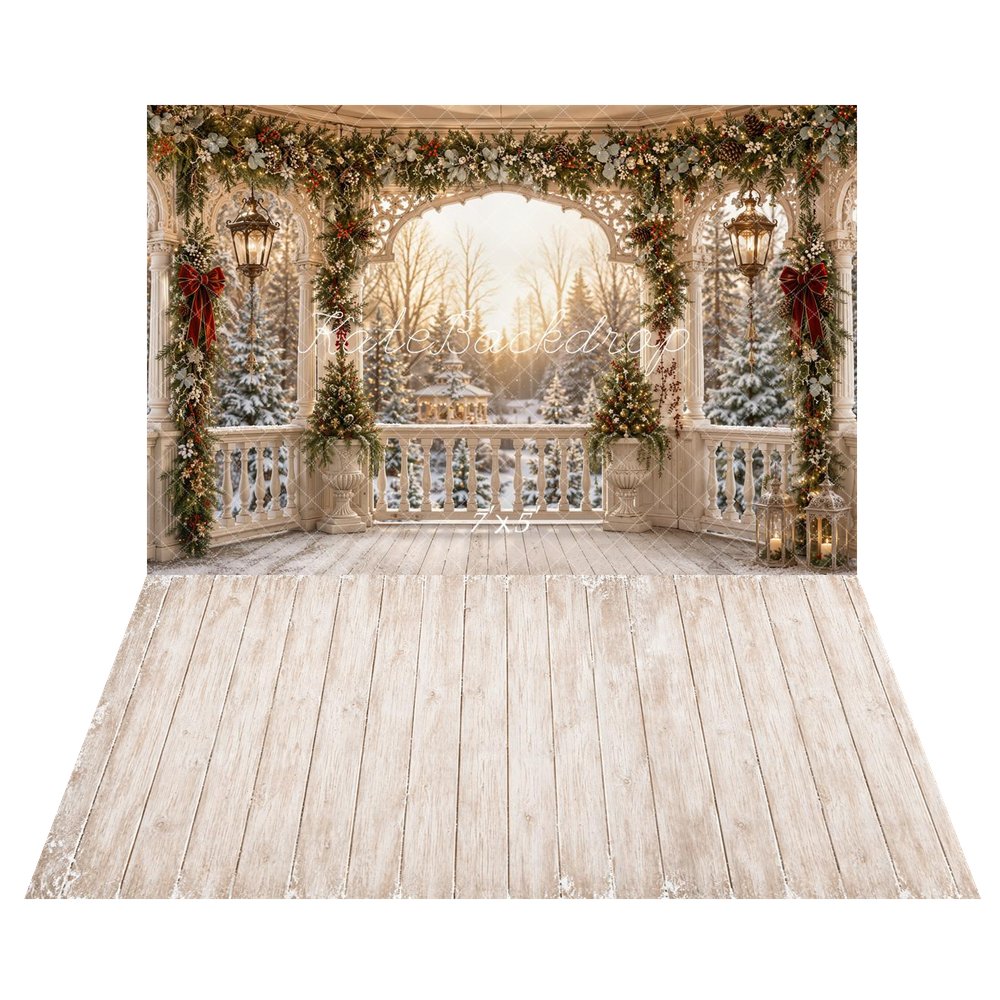 Kate Christmas Garland Gazebo Winter Forest Printed Backdrop+Light Beige Retro Wood Plank Wall Printed Backdrop
