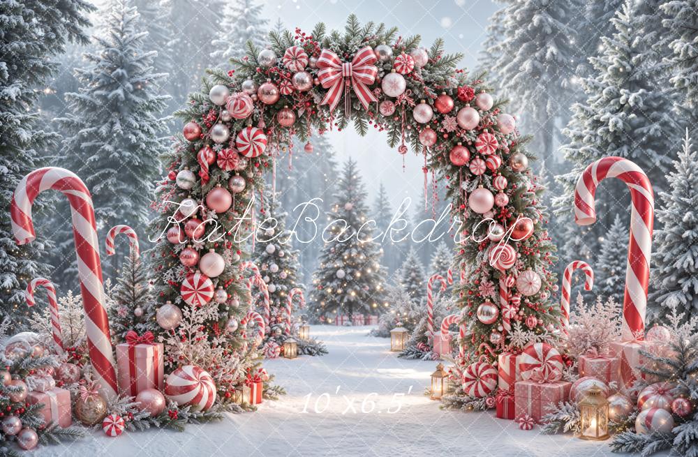 Kate Christmas Candy Arch Peppermint Gifts Snowy Forest Printed Backdrop Designed by Emetselch