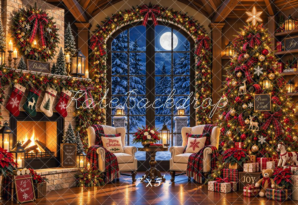 Kate Christmas Cozy Fireplace Christmas Tree Window Moonlit Printed Backdrop Designed by Shutter Swan Studios