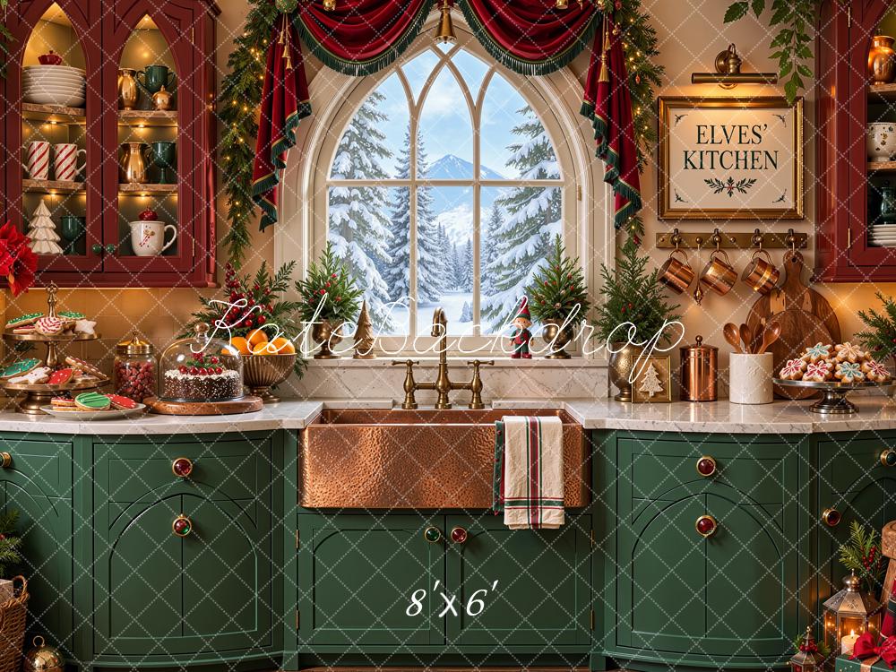 Kate Christmas Kitchen North Pole Elf Arched Window Garland Green Printed Backdrop Designed by Shutter Swan Studios