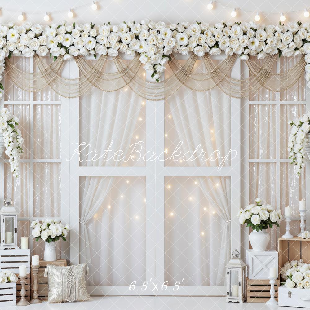 Kate Spring White Rose Flower Arch Lanterns Crates Backdrop Designed by Mini MakeBelieve